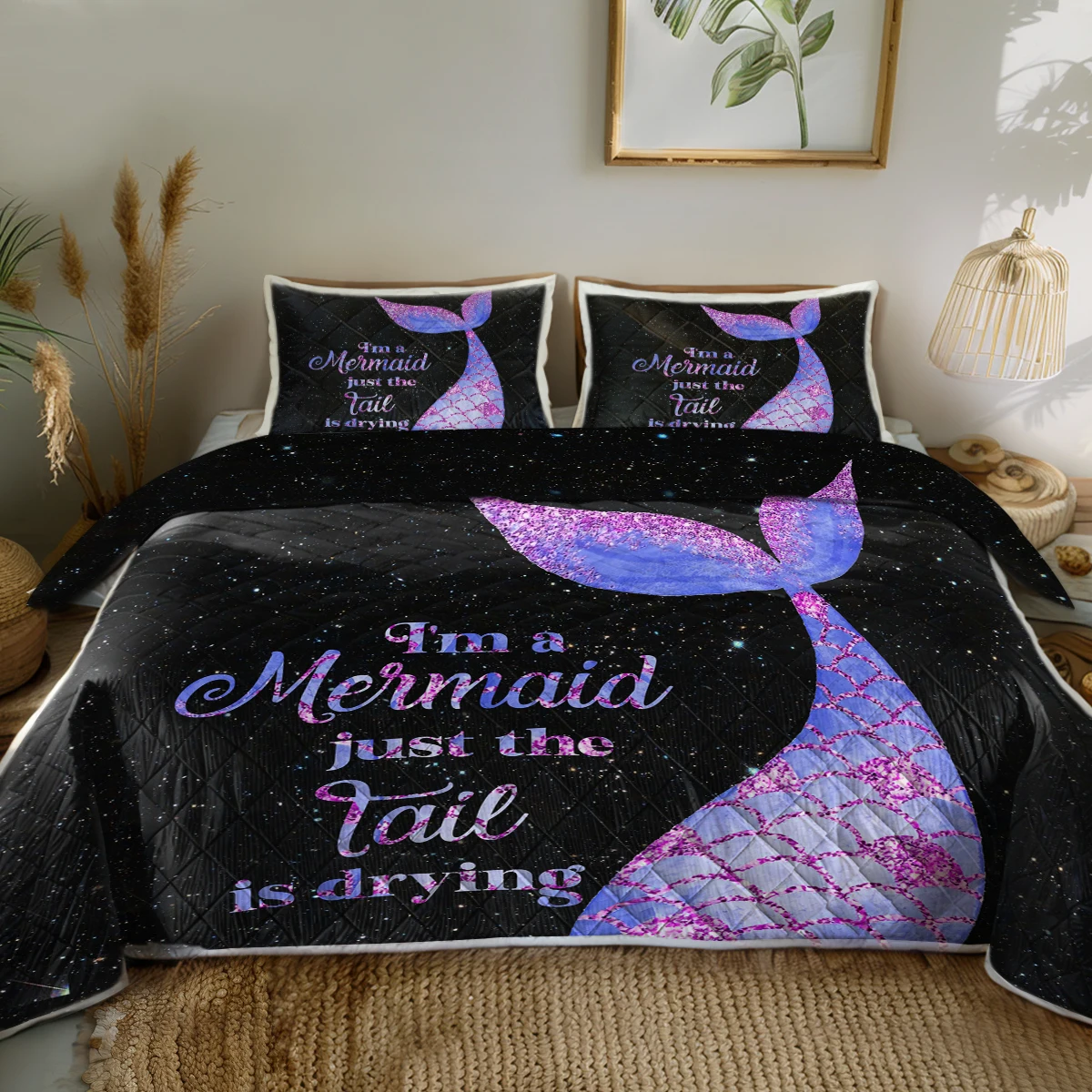 

Purple Mermaid Tail with Starry Sky Printed Quilt Set Home Decor Comforter With 2 Pilowcases For Kids and Adults Bedroom