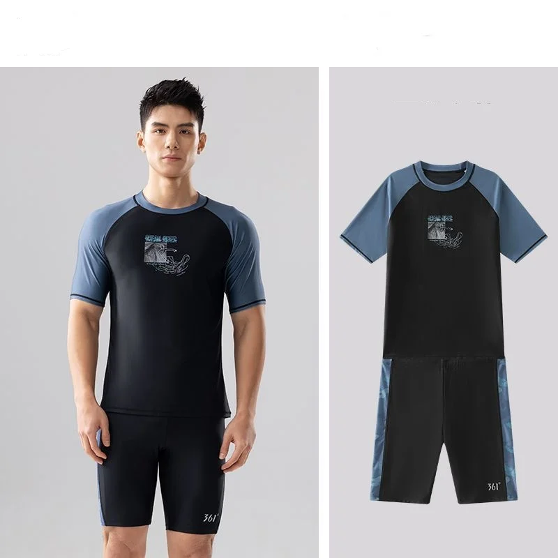 361Men 2Pcs Sun Protection Short Sleeve Quick-Dry Water Sports Beach Surfing Swim Shirt Trunks UPF50+Outdoor Athletic Rash Guard
