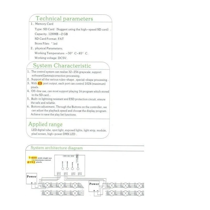 8192 Pixels T8000 T-8000A AC 220V/110VSD Card Pixel Controller For WS2801 LPD8806 RGB LED Strip Controller DC5V