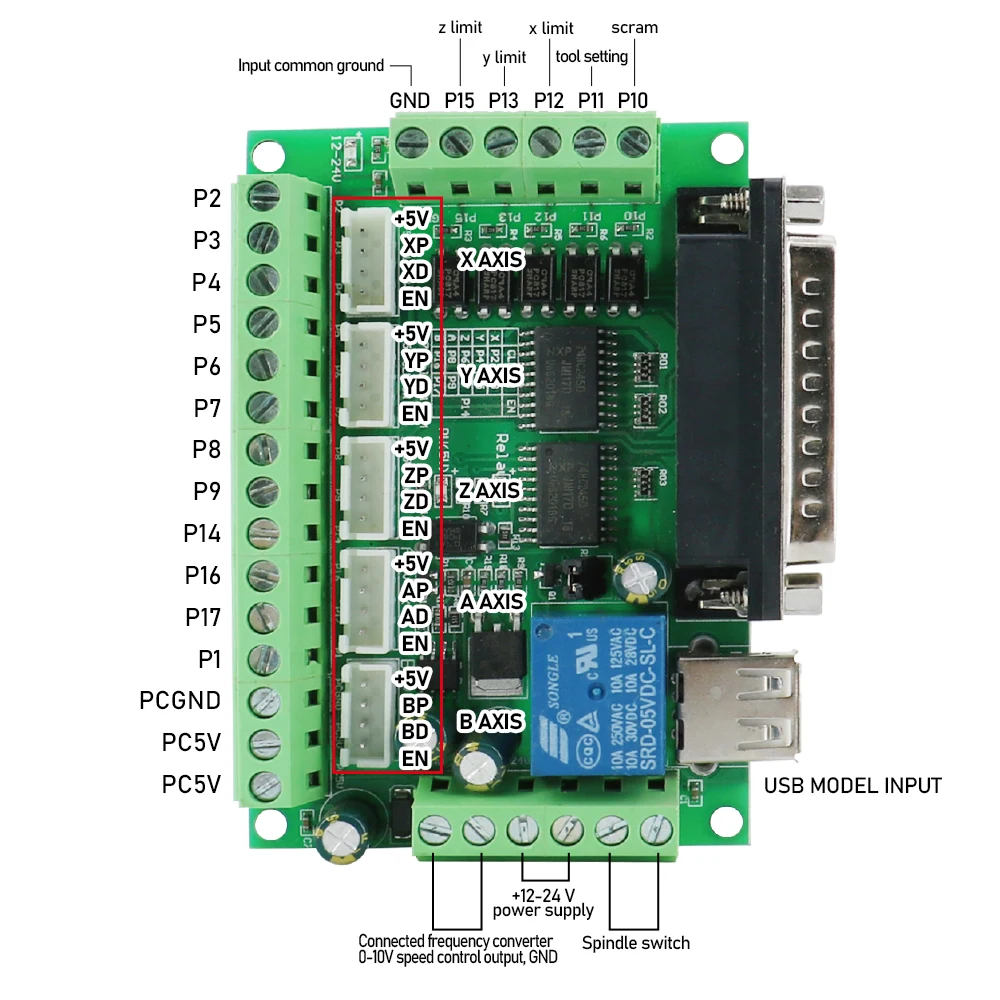 Mach3 5 eixos 12-24V USB Mach3 placa de controle DB25 controlador CNC de 5 eixos