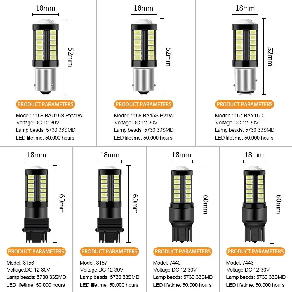 2 PCS PY21W P21/5W 1156 Ba15s 1157 Bay15d For Car LED Bulbs Turn Signal Light 12V 33SMD 7000K White Brake Reverse Parking Lamps