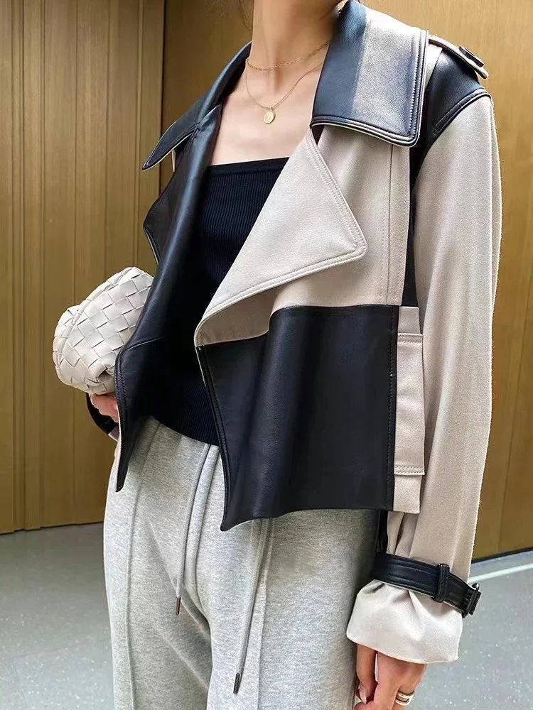 Genuine Cropped Leather Coat Women 2024 New Fashion Color Block Patchwork Design Motorcycle Real Sheepskin Jackets