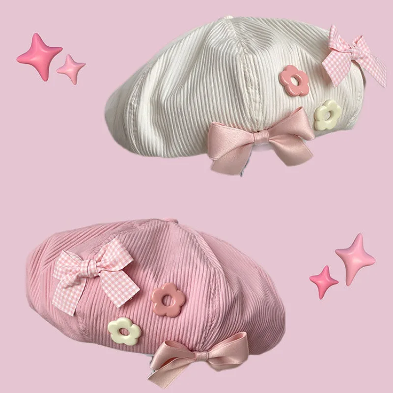 Women Sweet Pink Bow Decor Beret Hat Japanese‑Style Painter Hat Cute Girls Street Hat For Students Daily Casual Matching