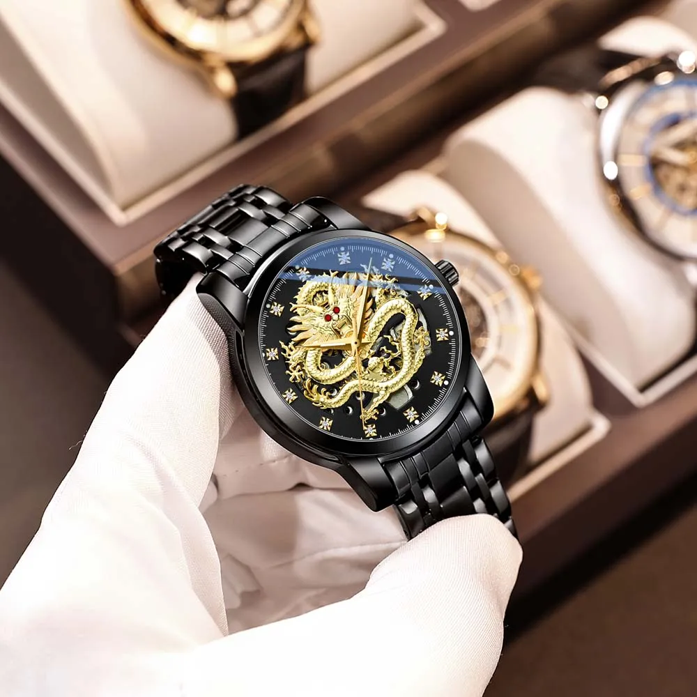 CHENXI Fully Automatic Mechanical Watch Embossed Golden Dragon Skeleton Design Waterproof  Chinese Dragon Fashion Men's Watch