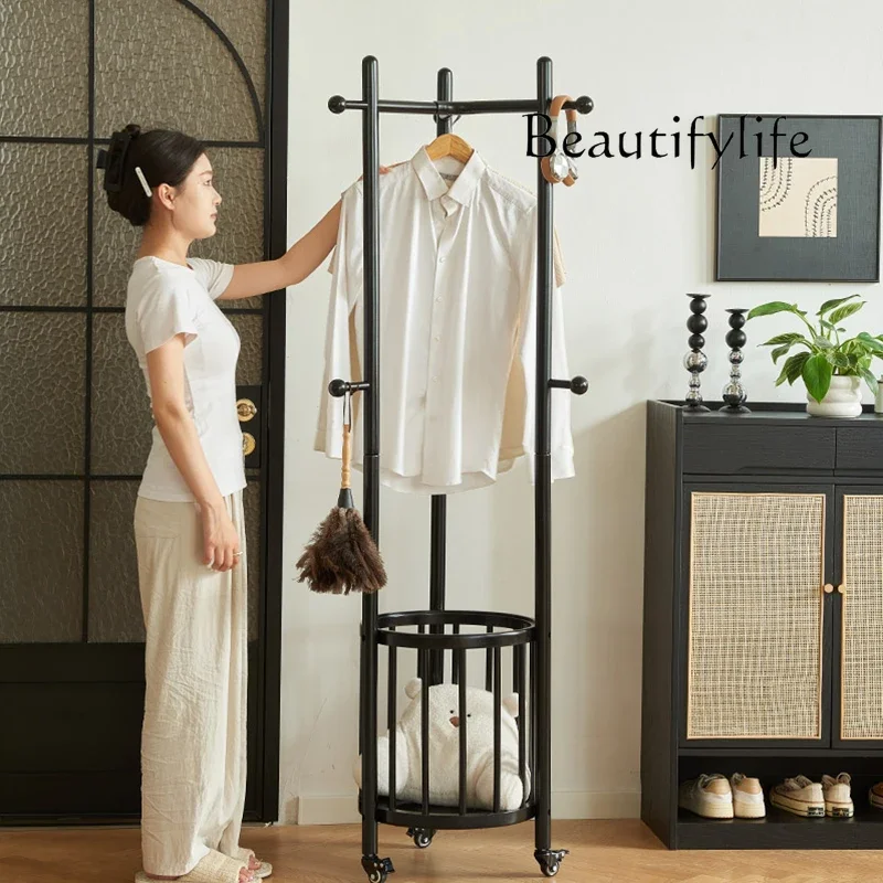 l  Wabi Sandy Wind Solid Wood Floor Coat Rack Bedroom Removable Clothes Storage Rack Dirty Clothes Basket Integrated