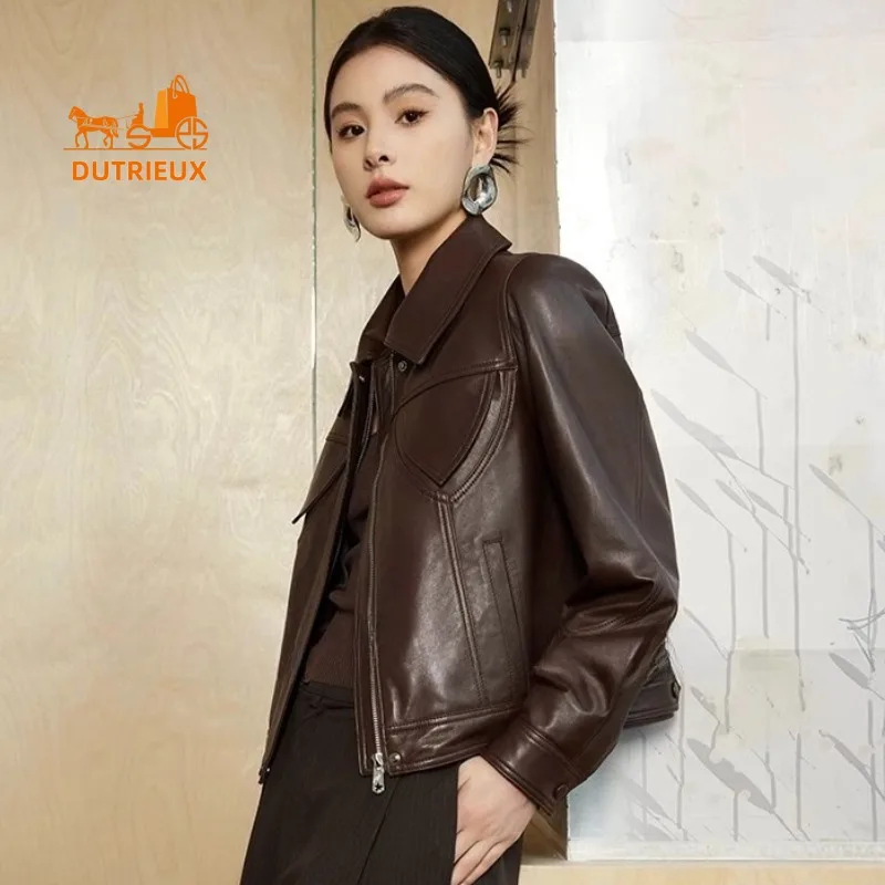 Winter Women's Lapel Double Pocket Zipper Short Real Leather Jacket, 100% Genuine Sheepskin Fashion Urban Modern and Noble Coat