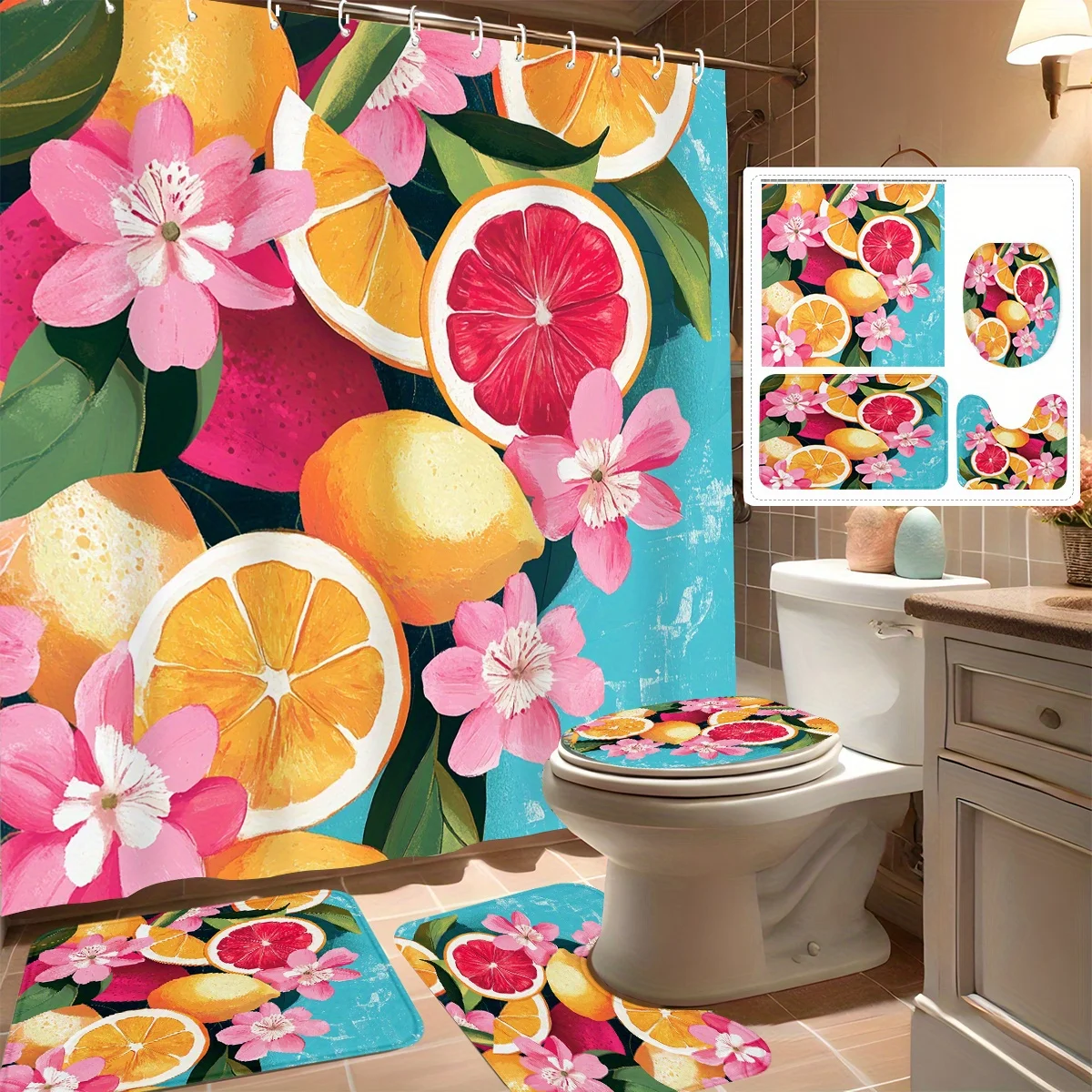 

Набор из 4 занавесок для душа, яркие фрукты и цветочный узор, современный декор для ванной комнаты, в комплект входит 12 крючков, нескользящий коврик для ванной