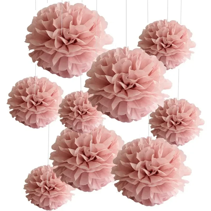Juego de 9 pompones de tejido rosa malva, flores de papel, Fondo de pared, centros de mesa para boda, Baby Bridal Shower, guardería