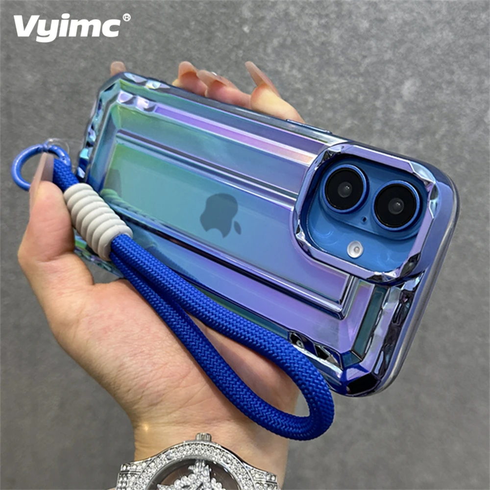 Laser Cute Candy Colourful TPU With Wrist Strap Case For iPhone 15 14 11 12 13 16 Pro Max Shockproof Solid Color Rainbow Cover