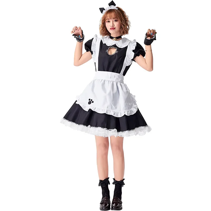 Women Cute Anime Maid Waitress Cosplay Costume Black White Cat Kitty Paw Dress Fantasia Halloween Costumes