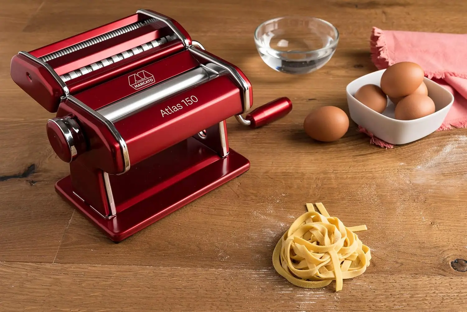 150 Machine, Made in Italy, Red, Includes Pasta Cutter, Hand Crank, and Instructions