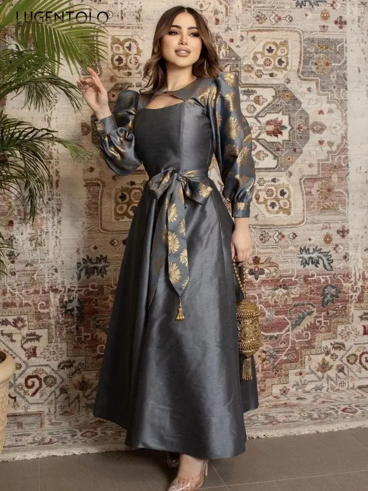 Women Sexy Satin Dress Printed Gold Party Big Swing Lady Empire Lace-up Long Sleeve Elegant Middle East Temperament Maxi