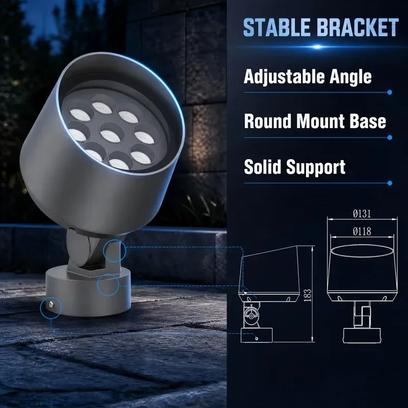IP65 Adjustable Angle LED Surface Mounted Bucket-shaped Spotlight Aluminum High Bright 30 Beam 3500K/6000K Landscape Lighting