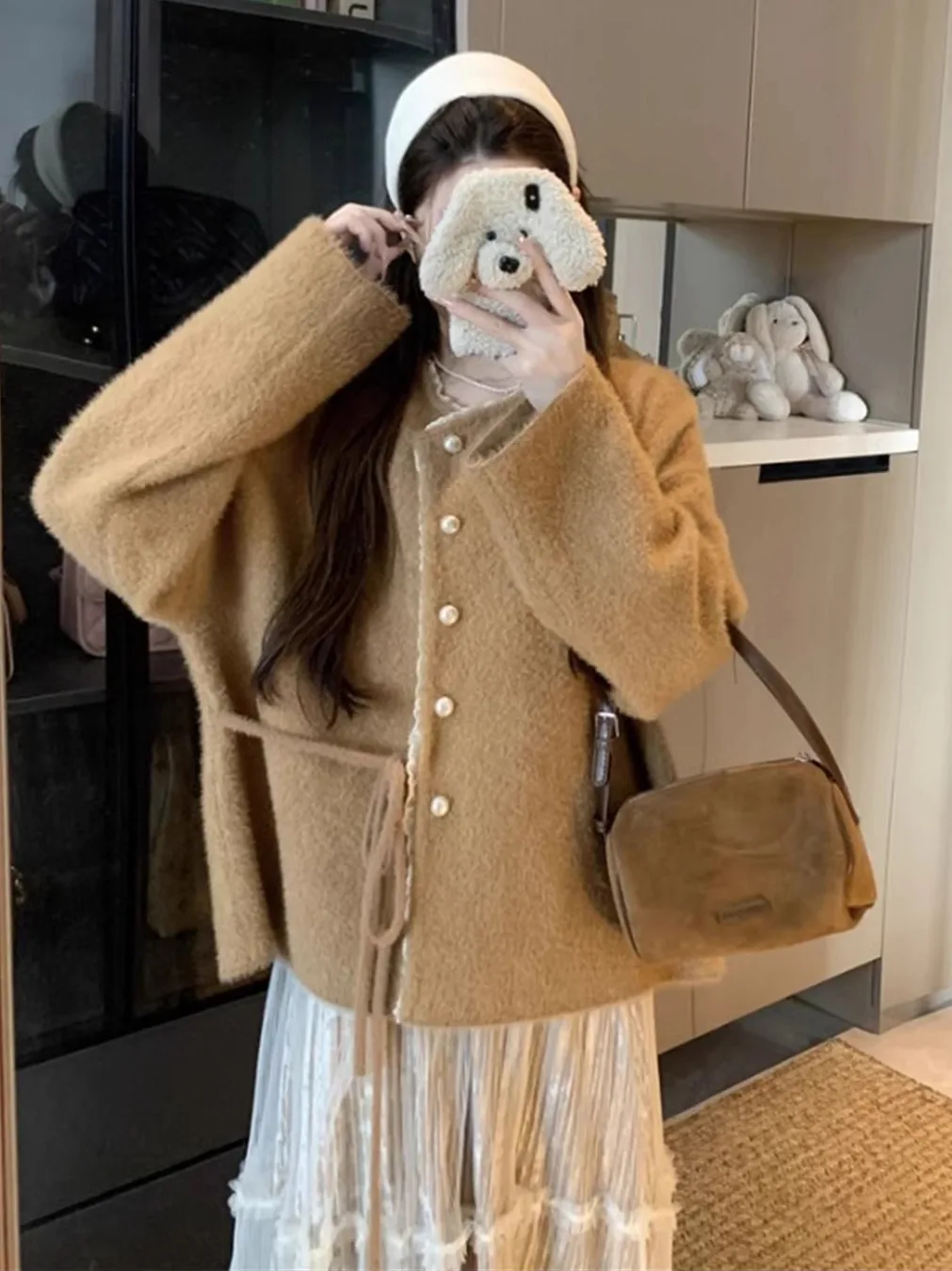 

High-End Khaki Woolen oulder-Length Women's Outerwear Autumn Winter plus Size Fitted Waist Belted Open Cardigan