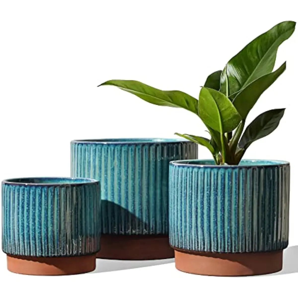 Ceramic Planters with Drainage Holes, Modern Stripe Design, Set of 3 Round Pots in Graduated Sizes 8 6.7 5.5 Inches, Reactive Gl