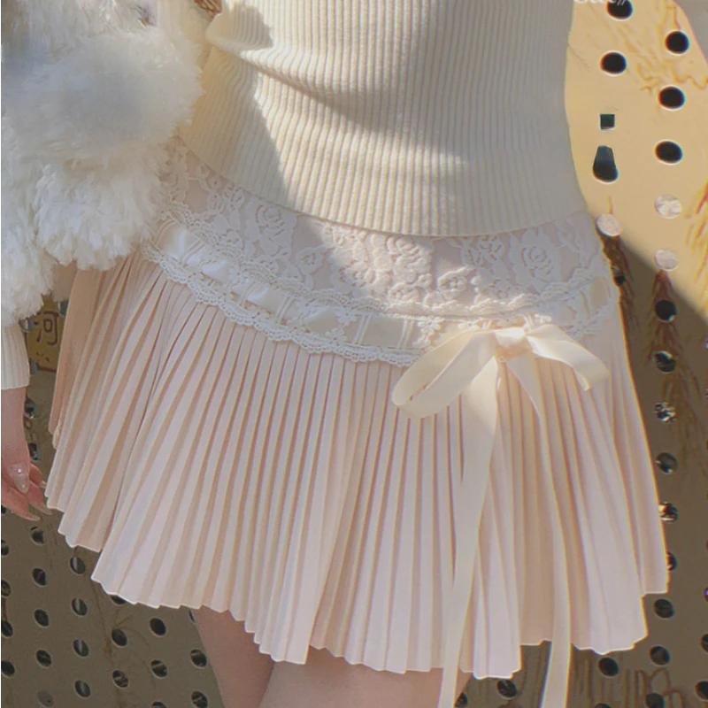 

Pink Pleated Skirt Women Kawaii High Waist A-line Lace Patchwork Bow Lace Up Cute Fairycore Mini Skirt Spring Summer
