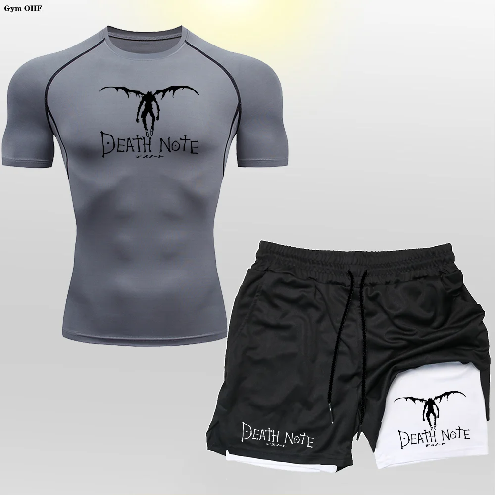 ผู้ชายชุดการบีบอัด Anime Death Note พิมพ์ GYM Top + ออกกําลังกาย Bilayer กางเกงขาสั้น Breathable หลุม Quick DRY Sport Rash GUARD ชุด