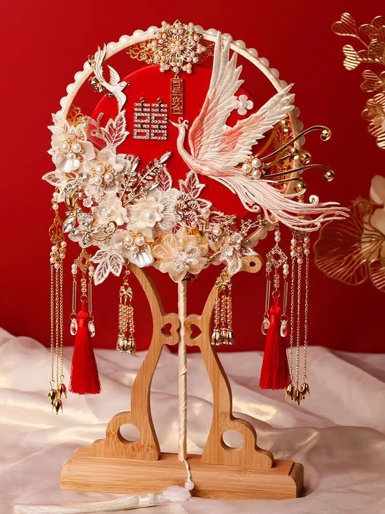 Chinese Bride Fan Wedding DIY Material Pack Champagne Xiuhe Fan Handmade Joyful High end Gift Finished Red Fan
