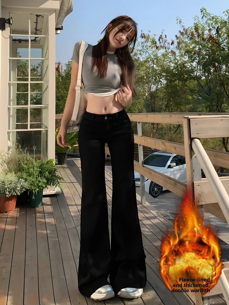 

Американские джинсы с микро-клешем на флисовой подкладке, утепленные, женские, осенне-зимние, новые, облегающие, не обтягивающие, свободного кроя, универсальные