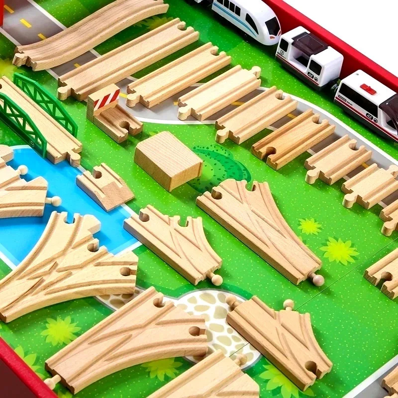 Madeira Train Track Acessórios para crianças, brinquedos ferroviários de madeira, brinquedos educativos, apto para todas as marcas, faixas de madeira