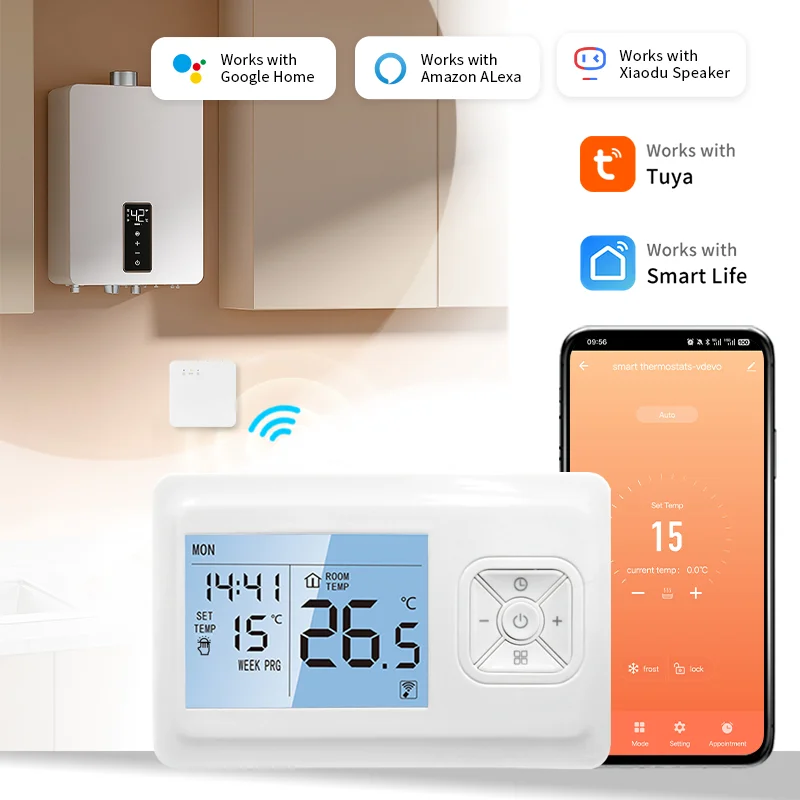 

Tuya Wifi Wireless Room Thermostat Battery-powered Wifi Boiler Thermostat Home Wifi Thermostat Controller Alexa Google Home