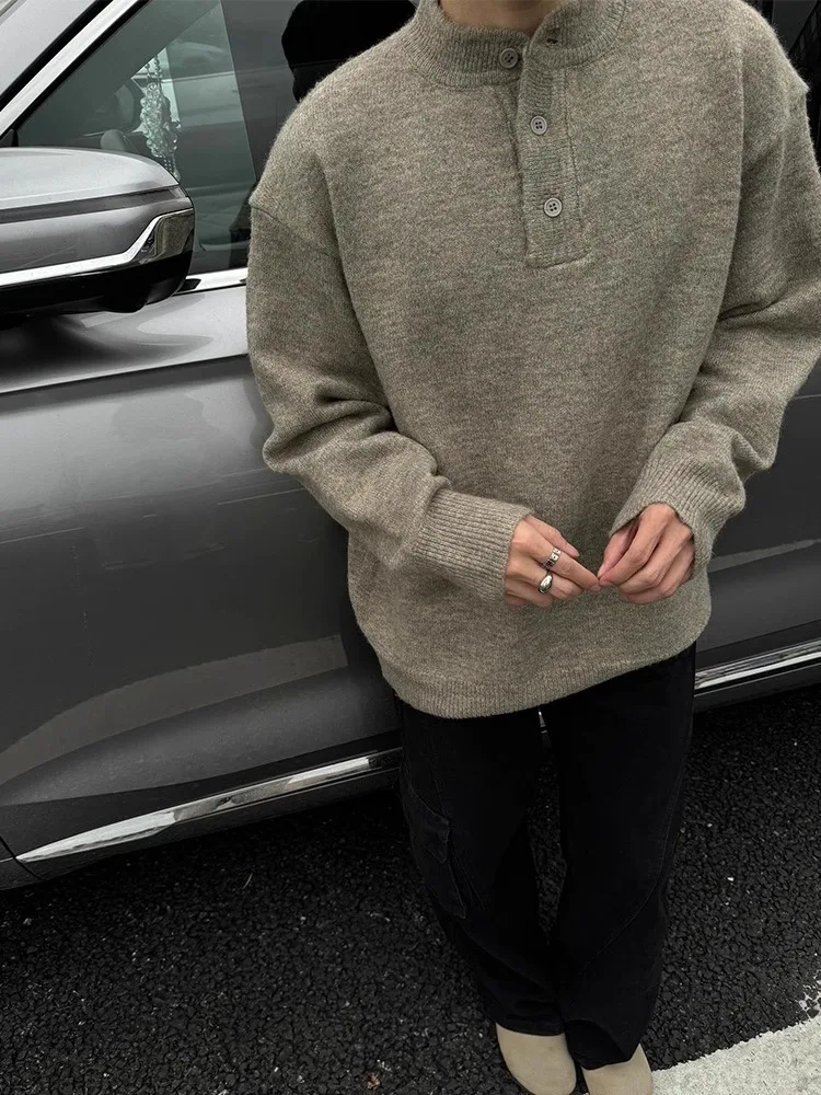 

Мужской вязаный свитер в стиле ретро American Cleanfit с воротником хенли, зимний, в стиле Old Money, базовый слой, трикотажная рубашка Haome