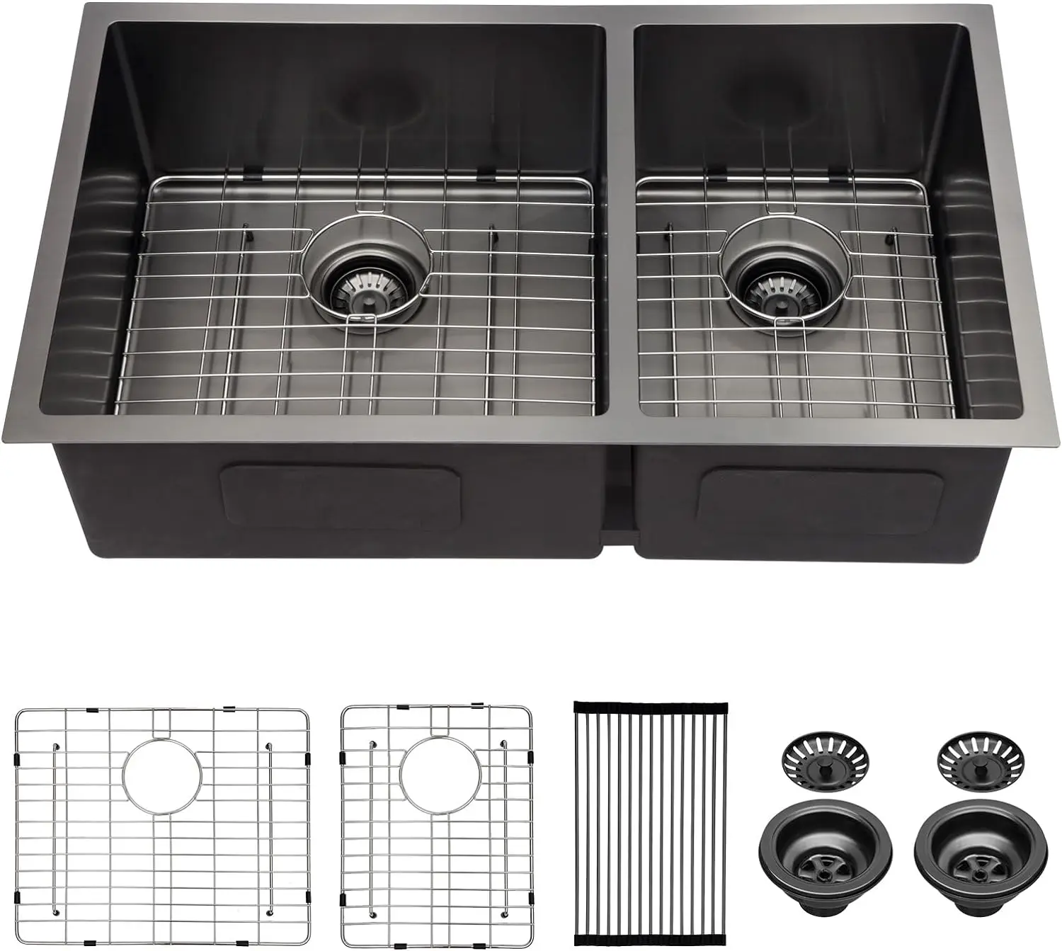 Mocoloo-fregadero de cocina de acero inoxidable, 33x19 pulgadas, color negro, doble cuenco, calibre Sink16