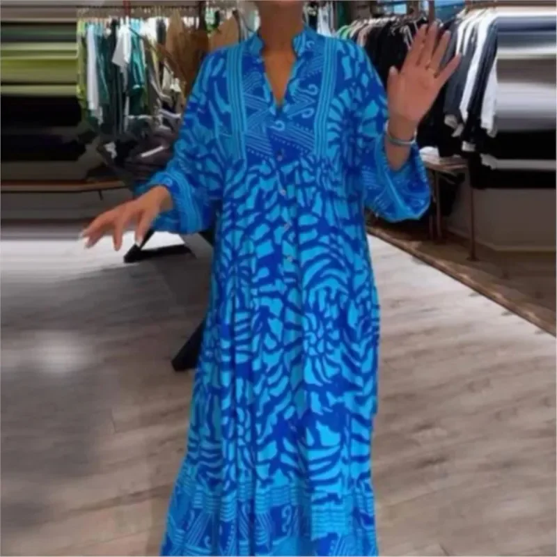 Elegante Frauen V-ausschnitt Blumen Druck Party Kleid Mode Langarm Hohe Taille Kleider Neue Casual Boho Plissee Maxi Kleid Vestidos