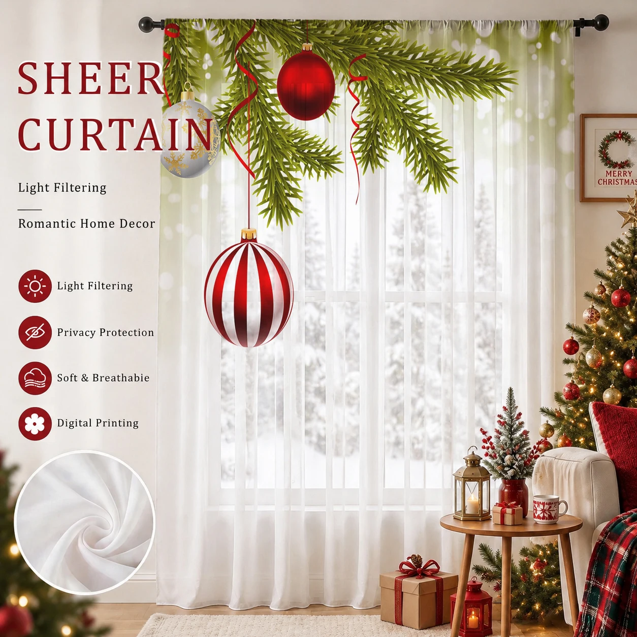 Home Office With Plants - Tirai Voile Tipis Bertema Natal dengan