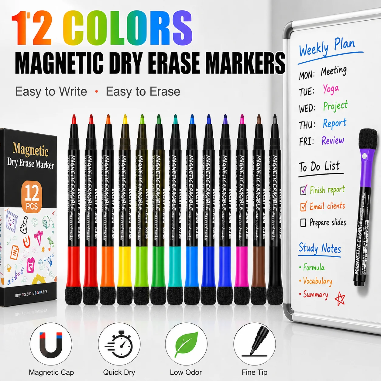 

Magnetic Dry Erase Markers 12 Colors Easy Erase Fine Tip Whiteboard Pens For Office School Home