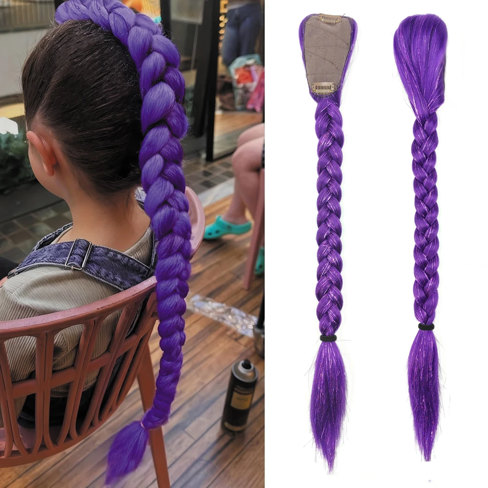 24Inches Girl Kpop Groups Purple Braided Ponytail Wig Hair Colored Claws Girls Hunters Synthetic Cosplay Wigs Hip Hop Dirt