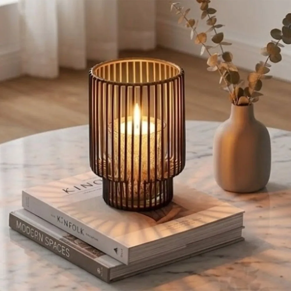 Black Metal Wire Candlestick Holder Pillar Candle Fit LED Candle Compatible Iron Candle Holder 3.38x4.72in Glass Cup Candlestick