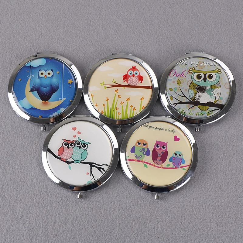 TSHOU873 Vintage Double-Side Folded OWL Makeup Mirror Hand Mirrors Pocket Mirror Mini Compact Mirrors Girl Style Random