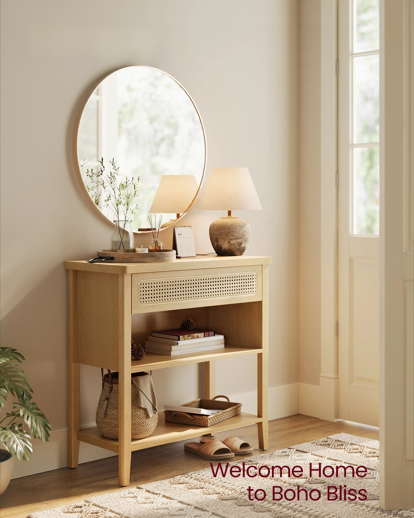 Boho Style living room furniture Sofa Table with storage Narrow Long rattan Console Table with Outlets and USB Ports