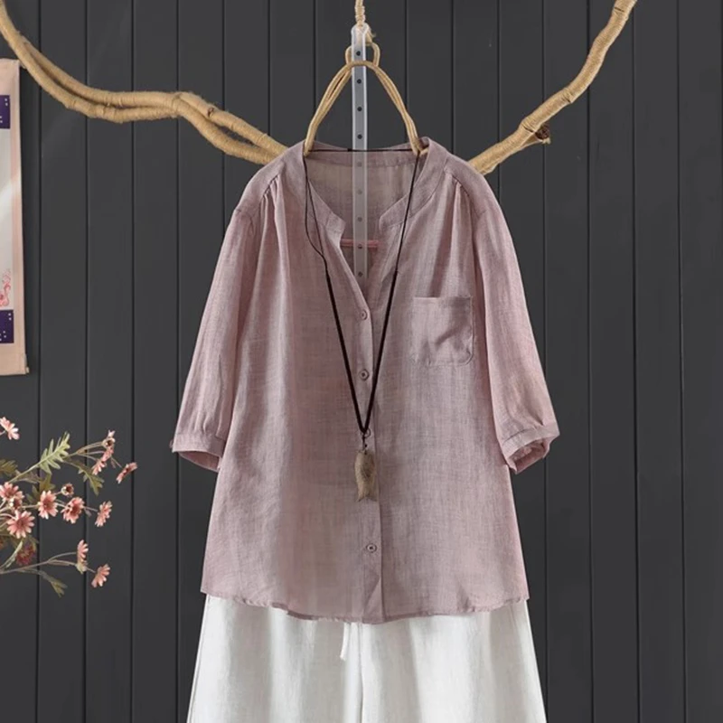 

100% Ramie Women Casual Shirt New Arrival 2025 Summer Simple Style Stand Collar Loose Female Half Sleeve Tops Shirts M1748