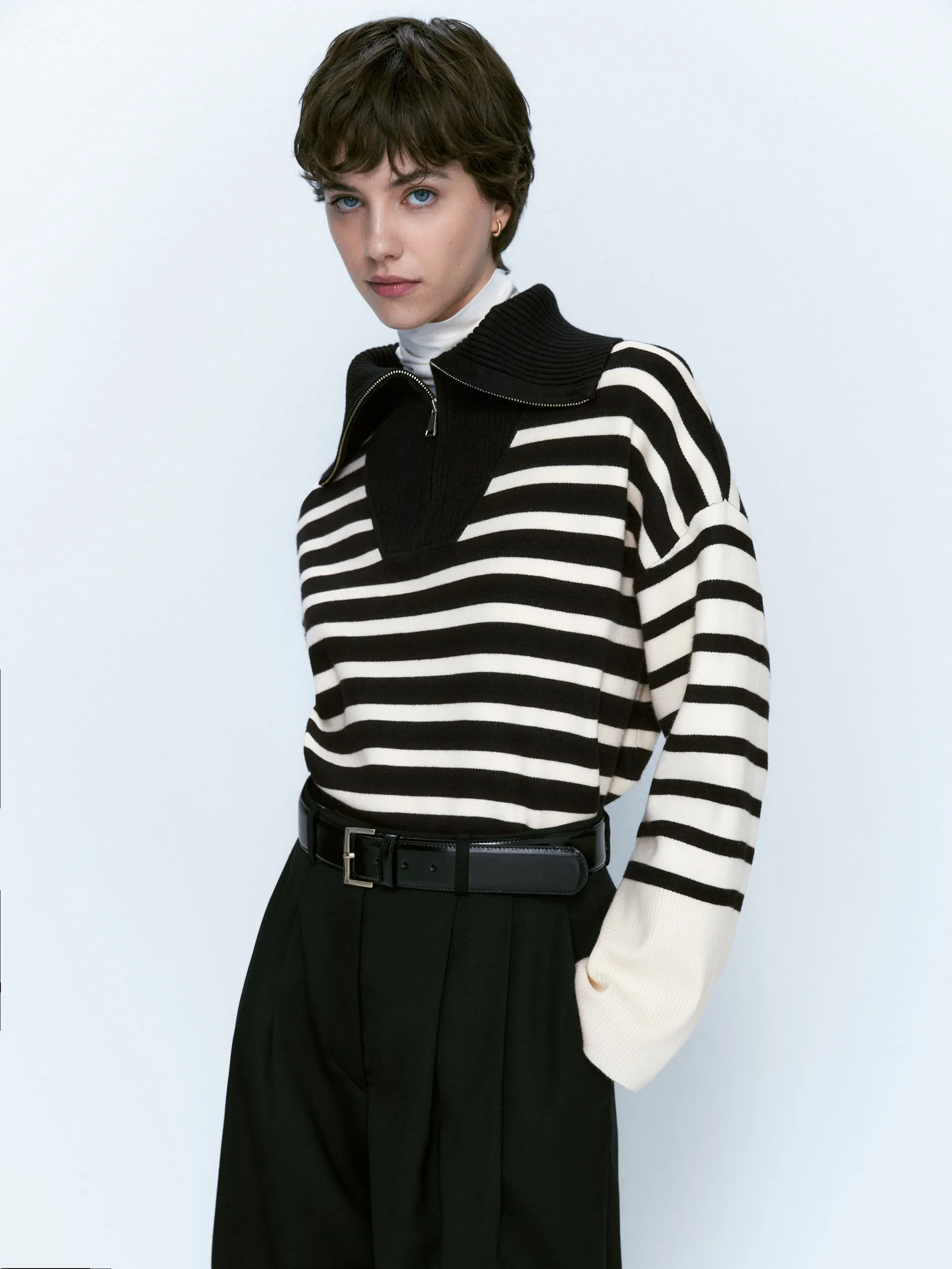 Ethereal MD 2023 autumn new style of Loose inside with patchwork striped zipper turtleneck knitwear