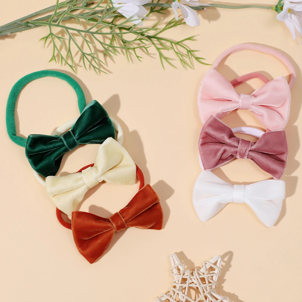 Flocking Ribbon Bows Nylon Headband For Girls Newborn Baby Elastic Soft Hair Band Solid Kids Headwear Baby Hair Accessories