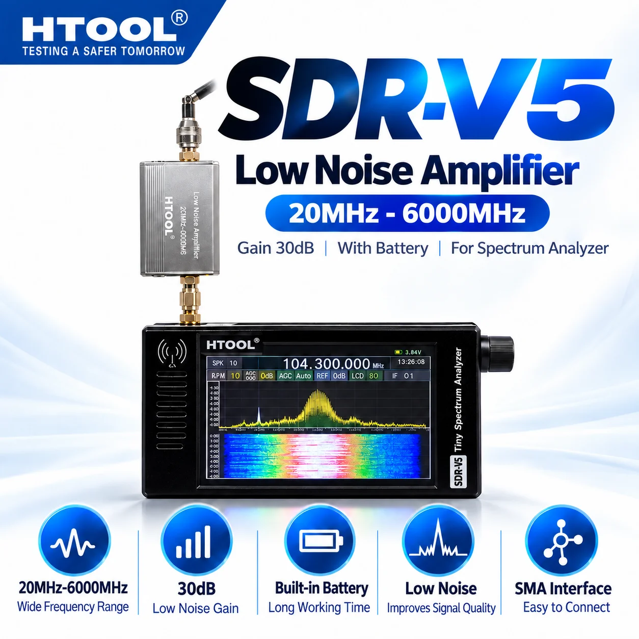 HTOOL SDR-V5 Portable SDR Receiver with Optional HT004A 30dB Low Noise Amplifier Kit 20MHz-6000MHz