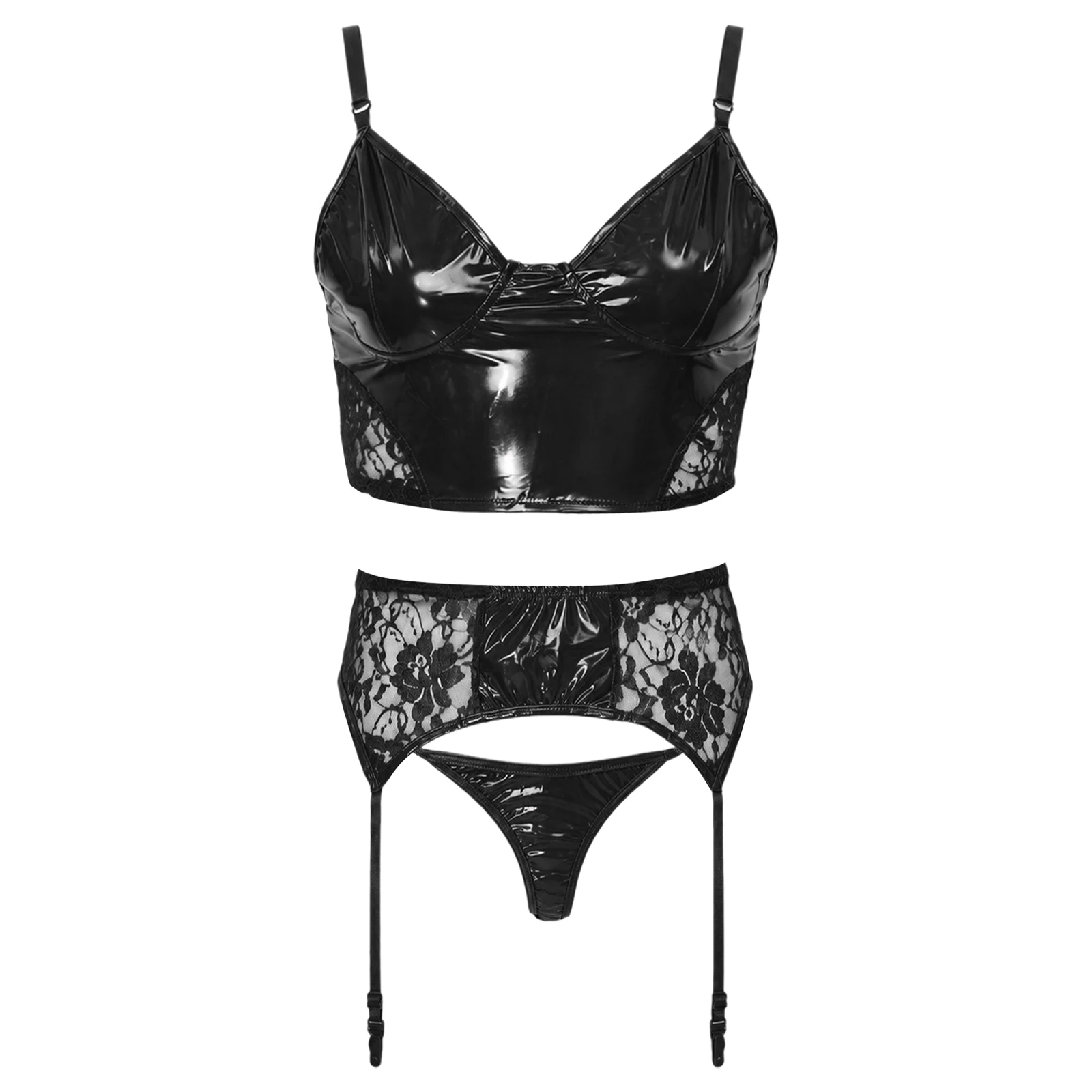 Damen-Bikini-Set aus PU-Leder mit Spitze und Patchwork-Design, bestehend aus einem kurzen Oberteil und einem passenden Höschen mit Strumpfband, ideal für Bühnenauftritte und Partys, zweiteiliges Badeoutfit. – Detail 10