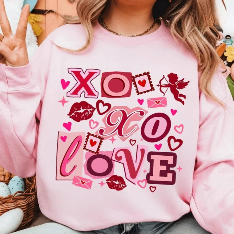 

День святого Валентина Любовь Xo Xo Преппи Кокетка Валентина Бант на День святого Валентина Розовый Красный Любовь Одинаковые толстовки Сохраняющие тепло Пуловер Топы