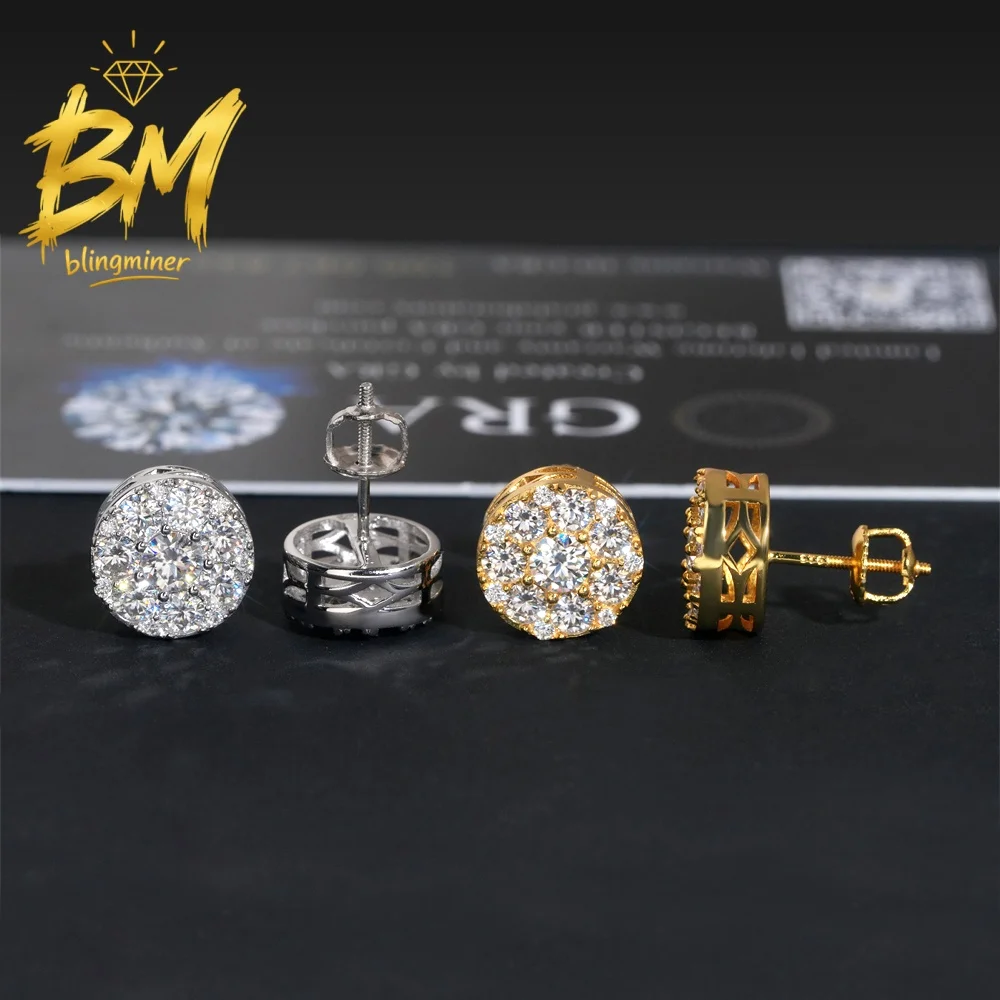 Blingminer Hip Hop New Design 11MM S925 Silver VVS Moissanite Earrings For Men Women Ear Studs Jewelry Pass Diamonds Tester GRA