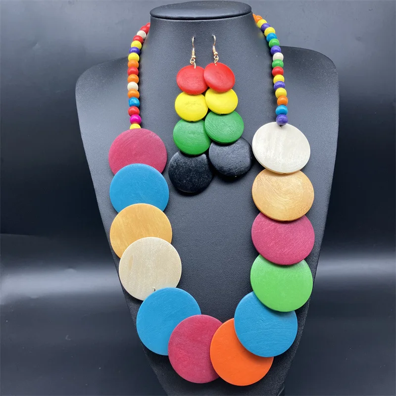 Statement Africa Nigera Style Colorful Round Wood Necklace Earrings Set Bohemian Long Wooden Disc Necklace For Women