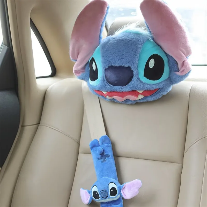 Stitch Disney Car Headrest Plush Anime Figures Seat Belt Shoulder Covers Accessories Interior Neck Pillow Comfortable Backrests