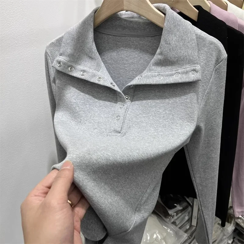 Unique Lapel Shirts Buttons Turn-down Collor Solid Tops Long Sleeve T Shirts Korean Trend High Street Pullover All-match Basic