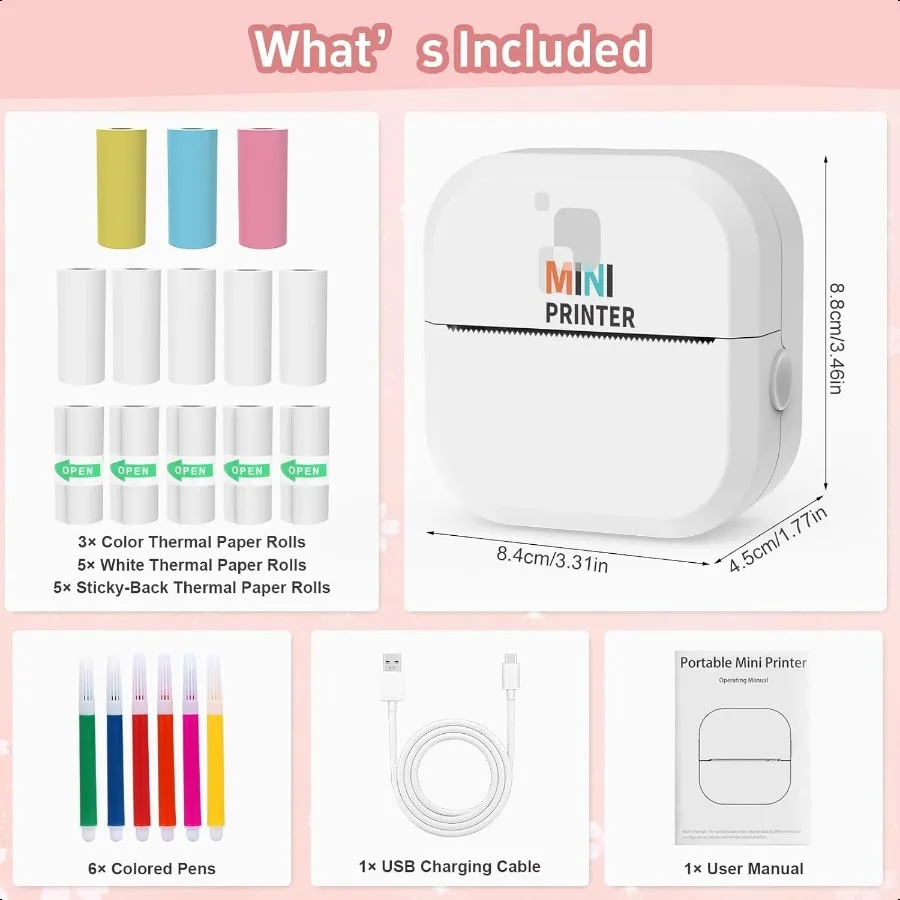 스티커 프린터 24분 빠른 인쇄 블루투스 잉크 프린터 스티커 메이커 13롤 종이 포함 무선 열전사 프린터 아이폰용