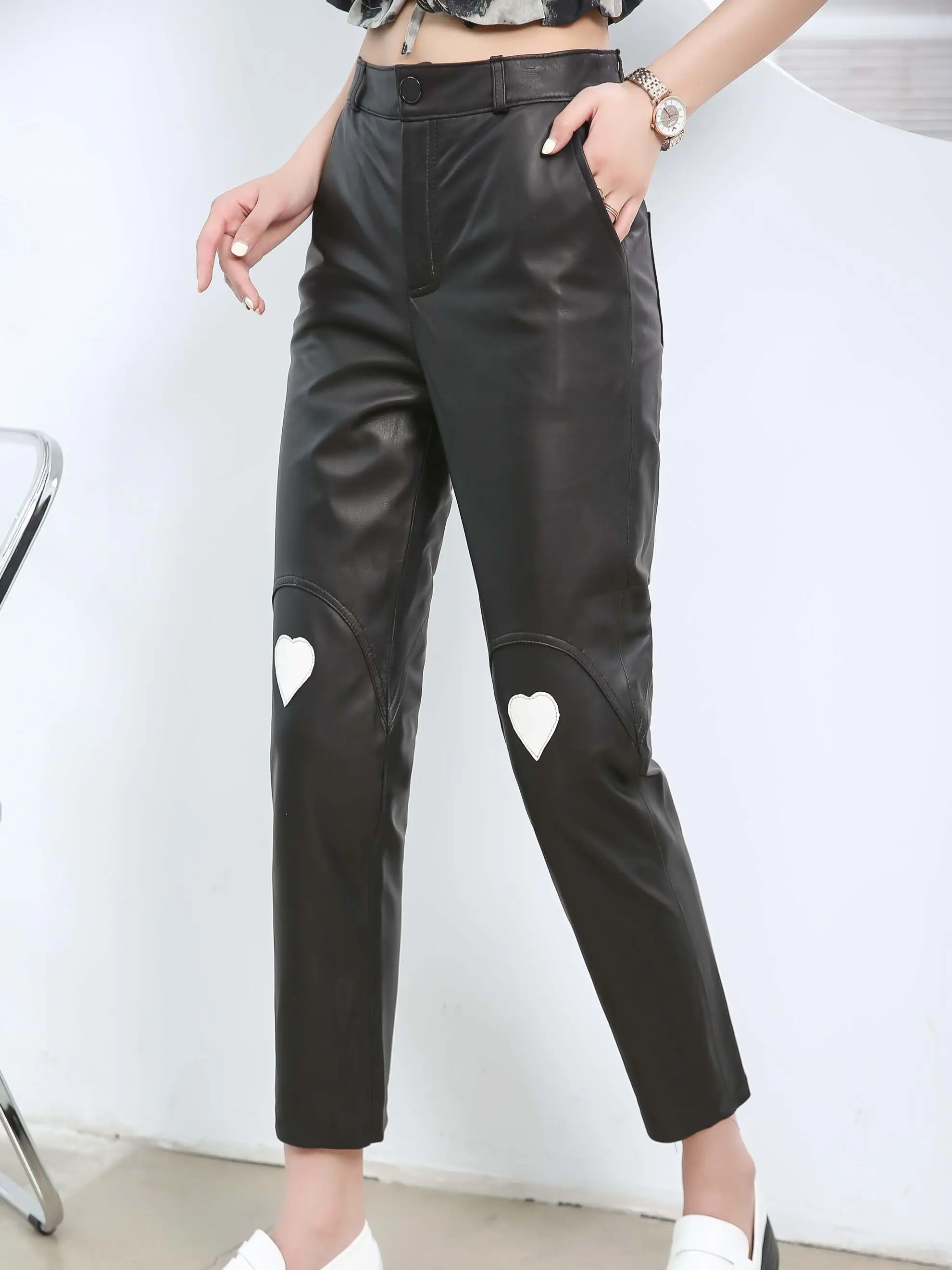 

Real leather pants high waist love Pattern Genuine sheep Leather pants female was thin leather pants with pockets wy893