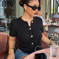 TRAF Black Cardigan Women Autumn Cropped Knitted Sweater Cardigan Cable Slim Short Sleeve Button Jacket Elegant Gray Cardigan