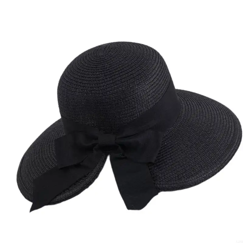 قبعة شمسية من القش الطبيعي ذات حواف واسعة تحجب الشمس، قبعة قابلة للطي مع عقدة فيونكة