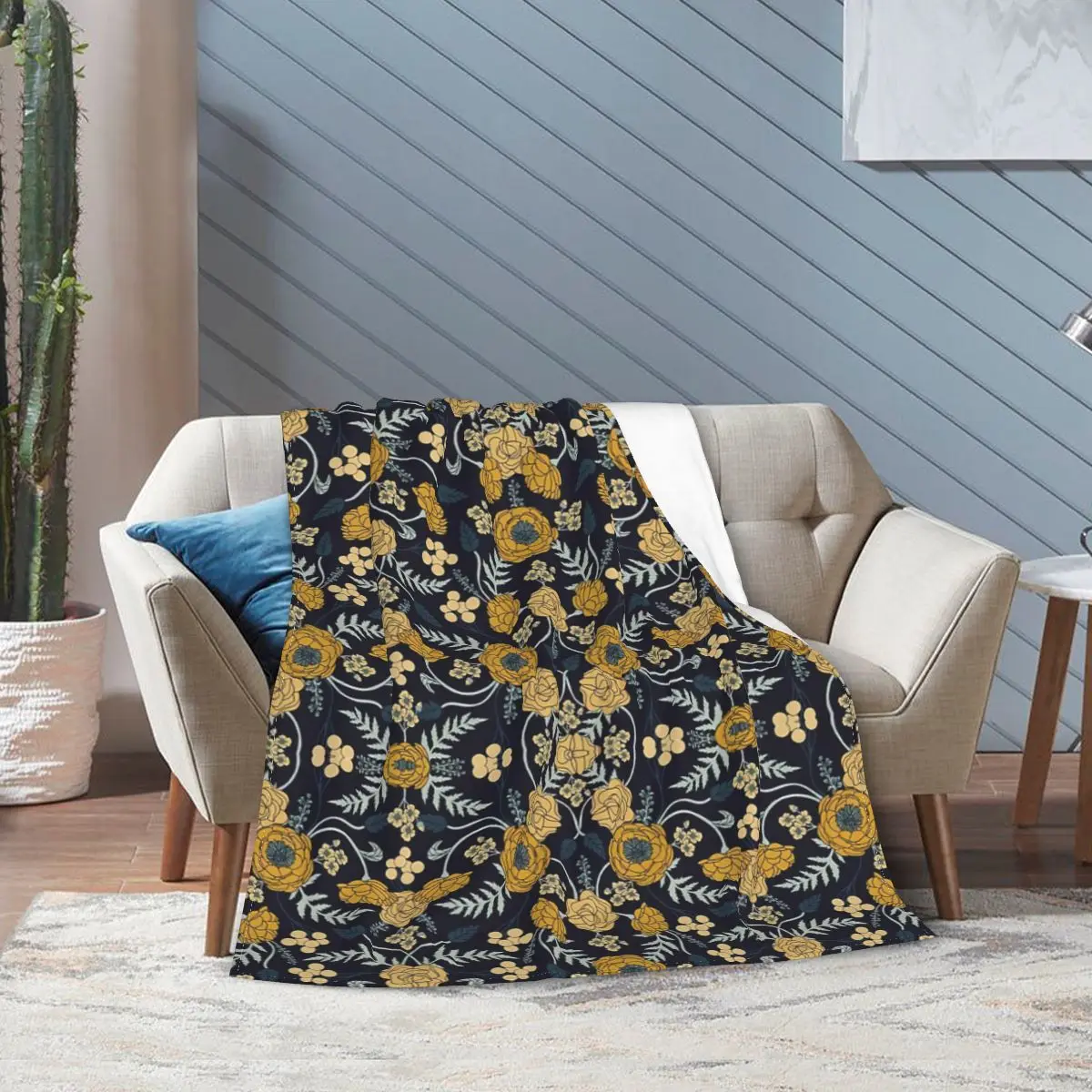 Cream & Mustard Yellow Dark Floral Pattern Bed Blanket Bed Covers Luxury Blanket Flannel Blanket Air conditioning blanket