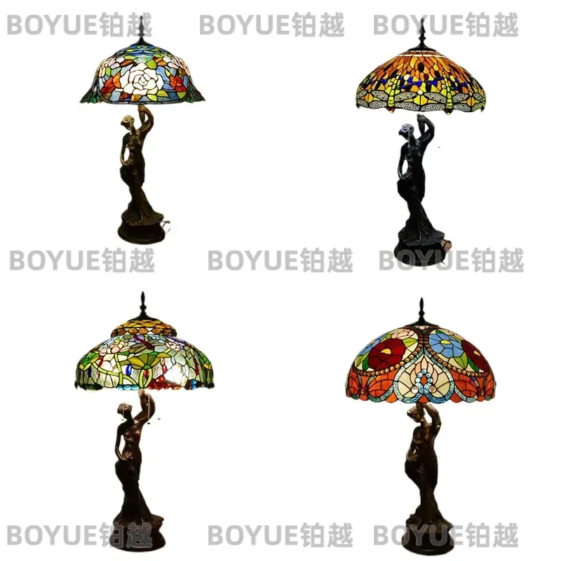 Style Stained Glass Table Lamp American Retro Classic Creative Nordic Art Decor for Study Living Room Large Base